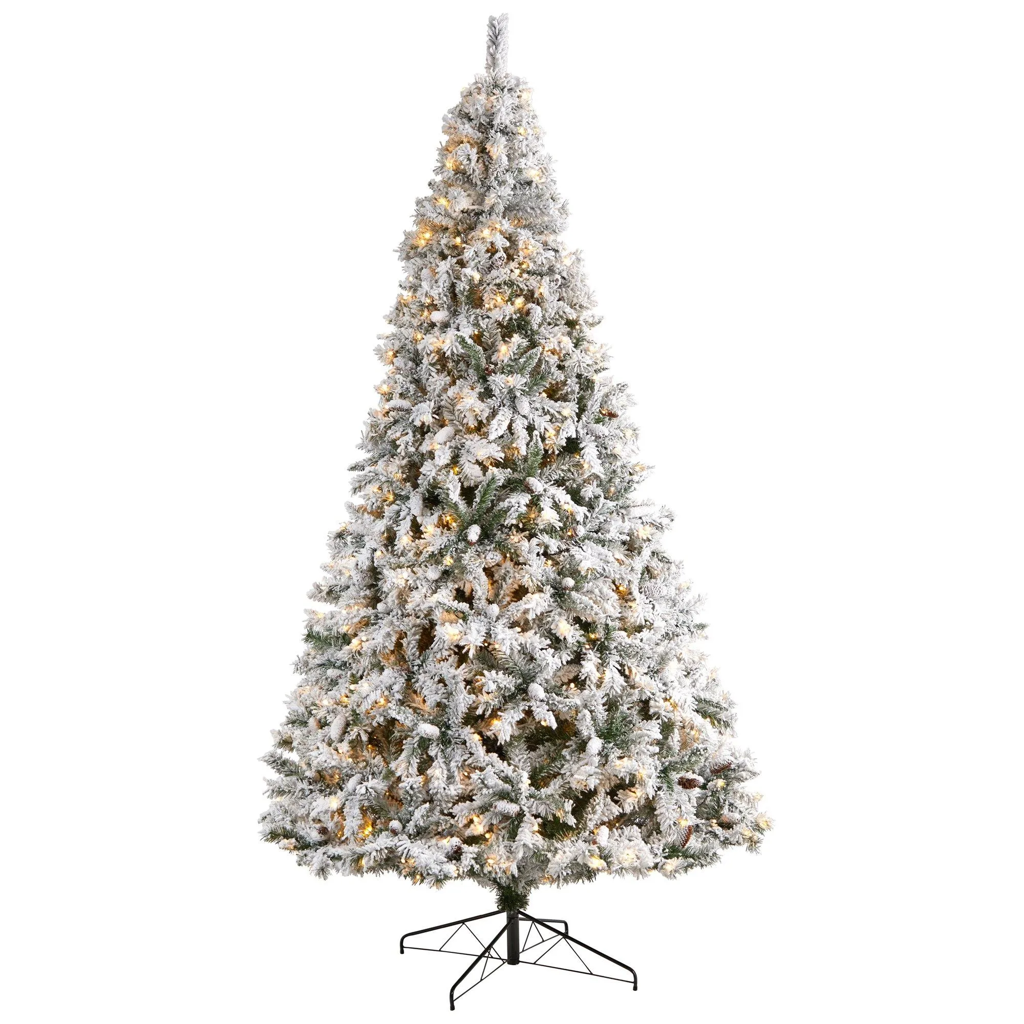 10' Flocked White River Mountain Pine Christmas Tree with Pinecones and 800 Clear LED Lights