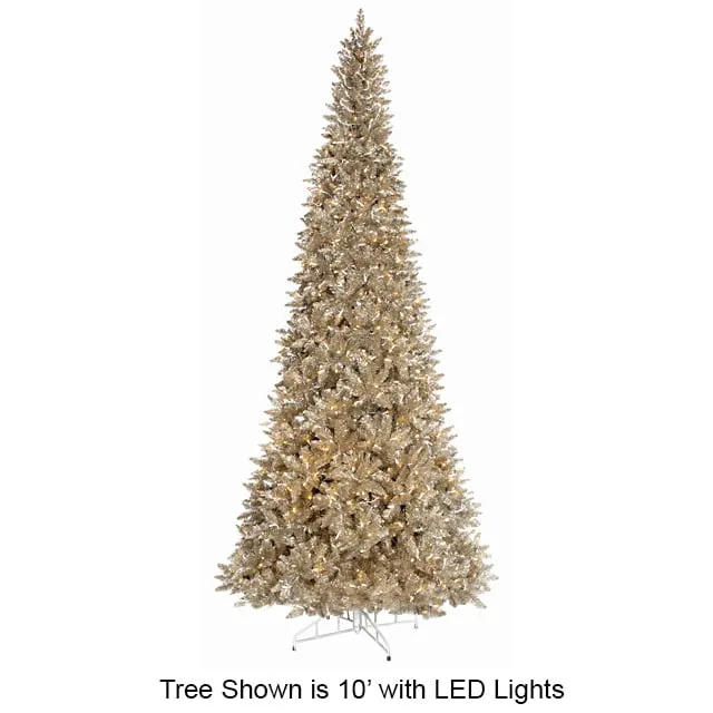 10'Hx52"W Champagne Tinsel LED-Lighted Artificial Christmas Tree w/Stand -Champagne