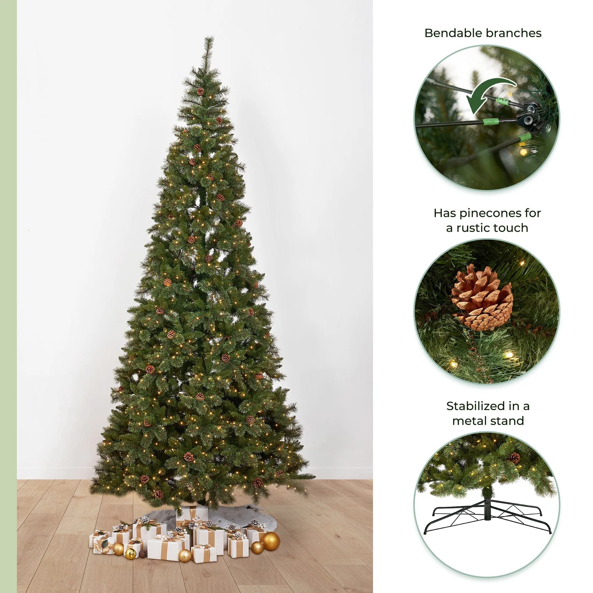 11’ White Mountain Pine Artificial Christmas Tree with 1050 Clear LED Lights, Pine Cones and 2395 Bendable Branches