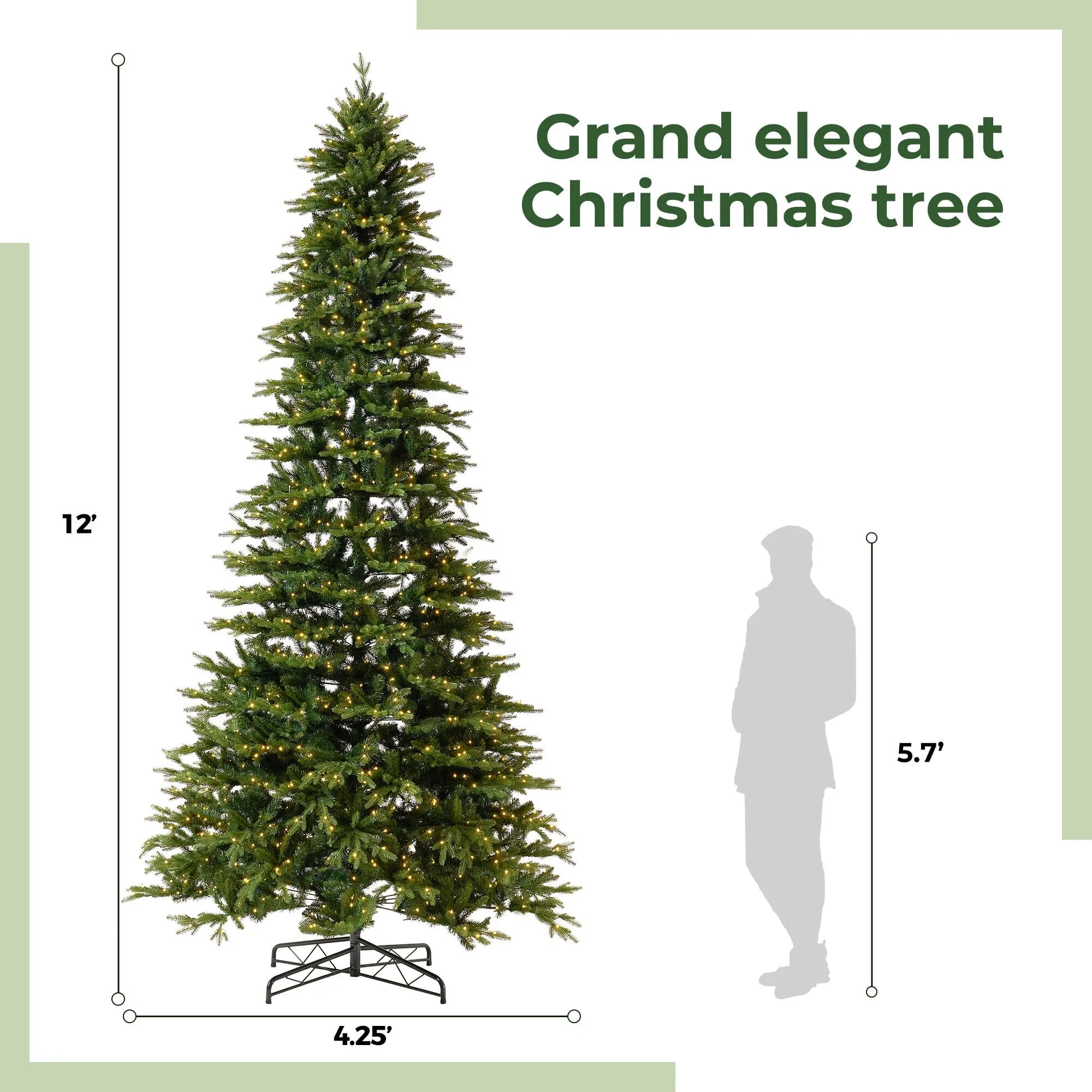 12’ Belgium Fir “Natural Look” Artificial Christmas Tree with 1500 Clear LED Lights and 4962 Bendable Branches