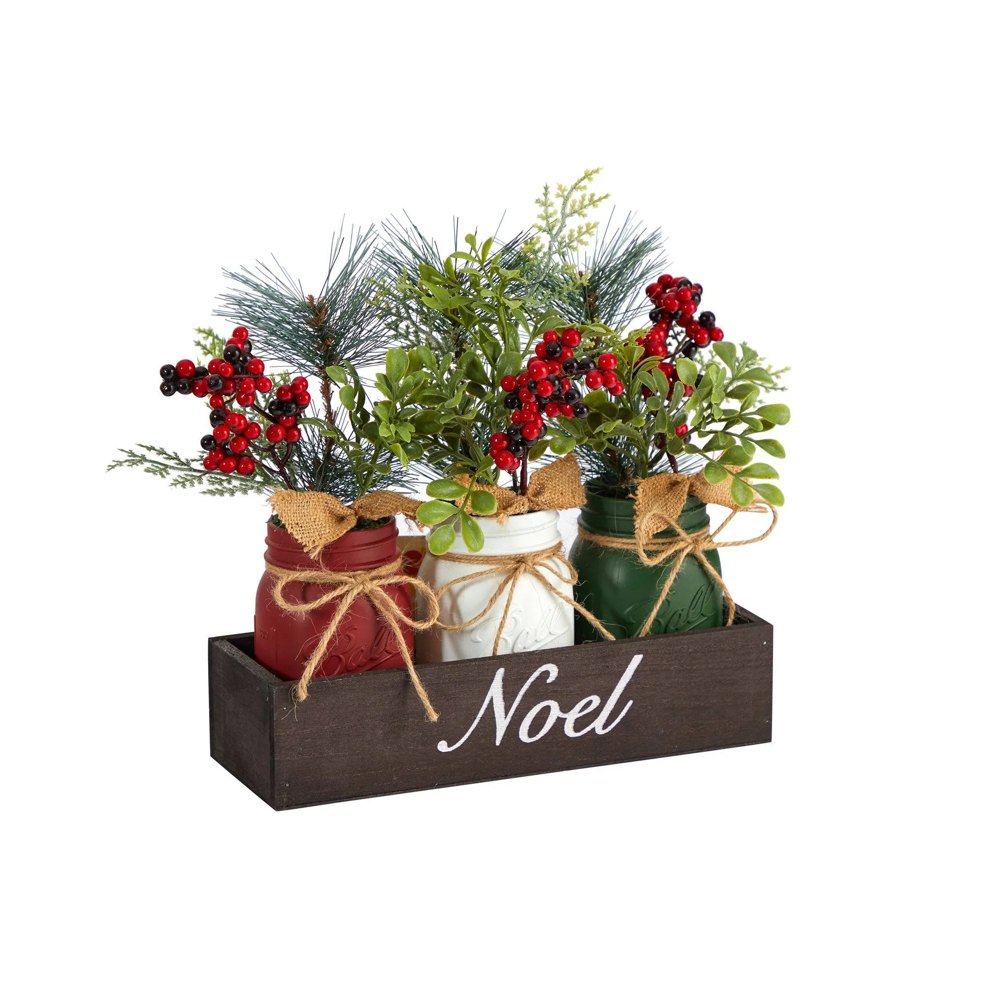 12” Holiday Winter Pine and Berries Three Piece Mason Jar “Noel” Table Christmas Arrangement Décor