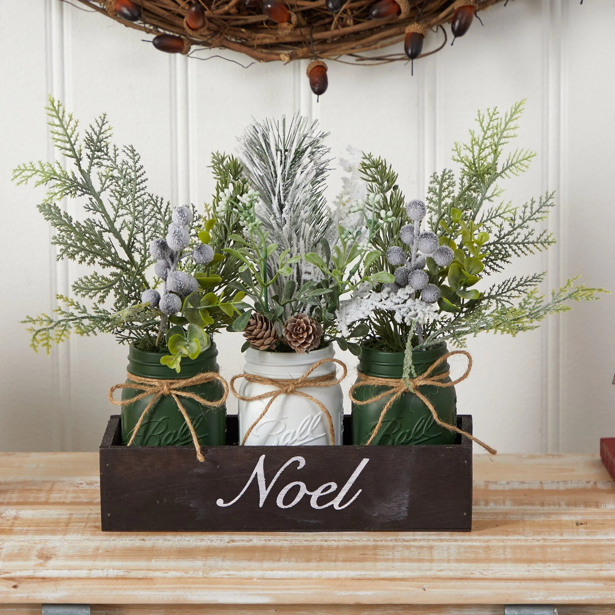 12” Holiday Winter Pine, Berries and Pine Cone Three Piece Mason Jar “Noel” Table Arrangement Décor