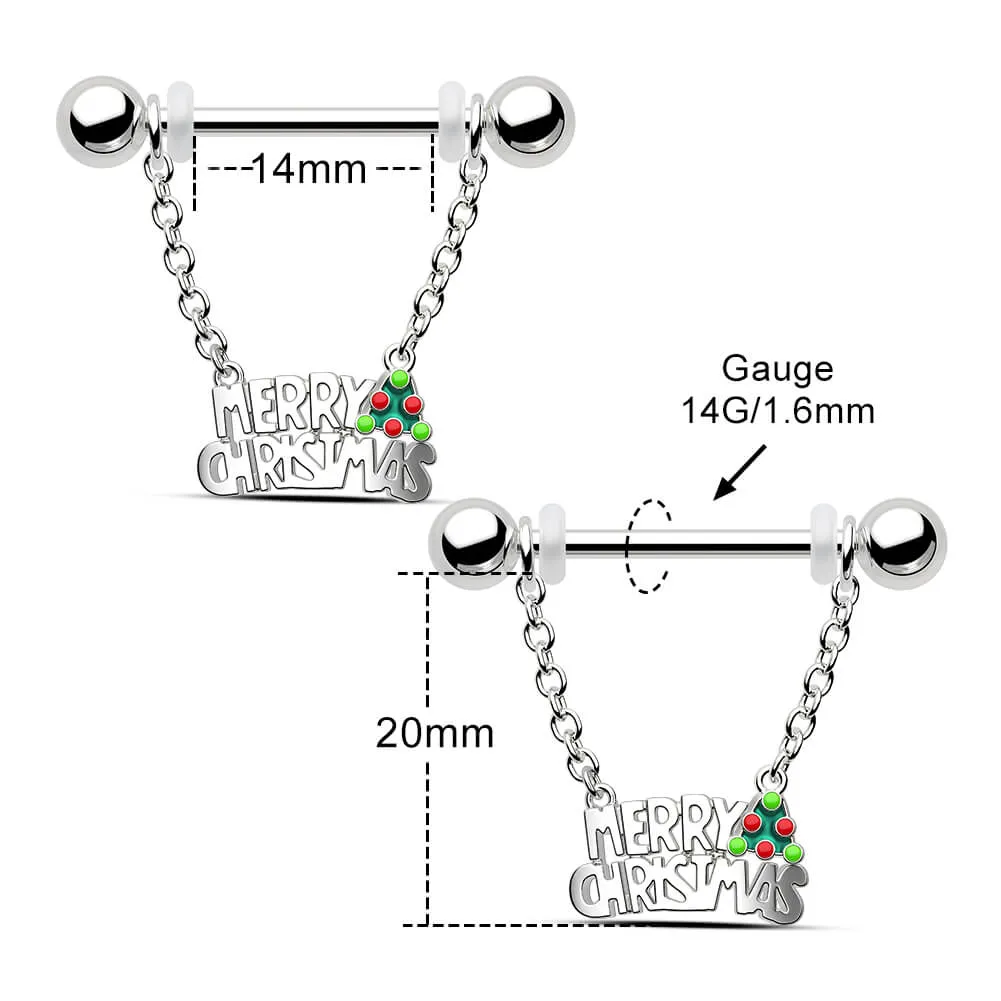 14G Merry Christmas Lettering Nipple Barbell