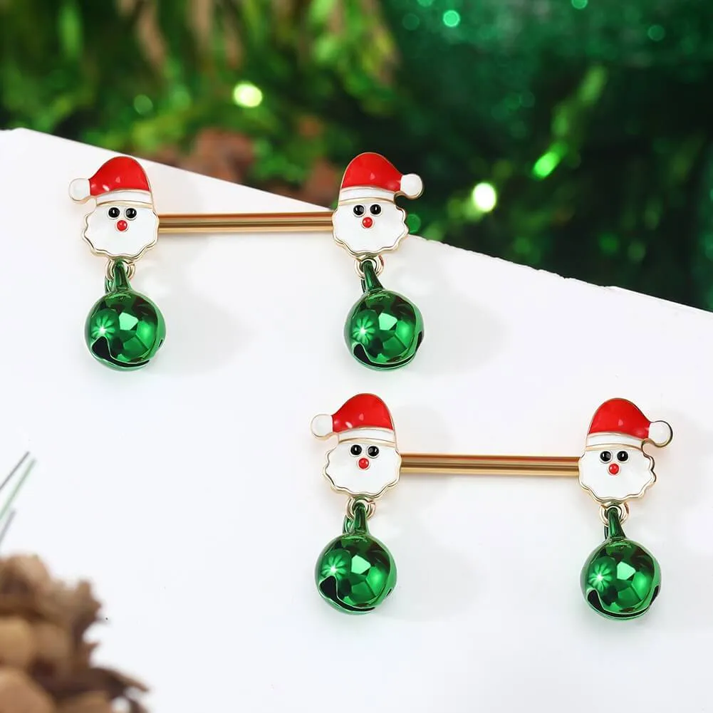 14G Santa Charm & Dangle Bell Nipple Barbell Set