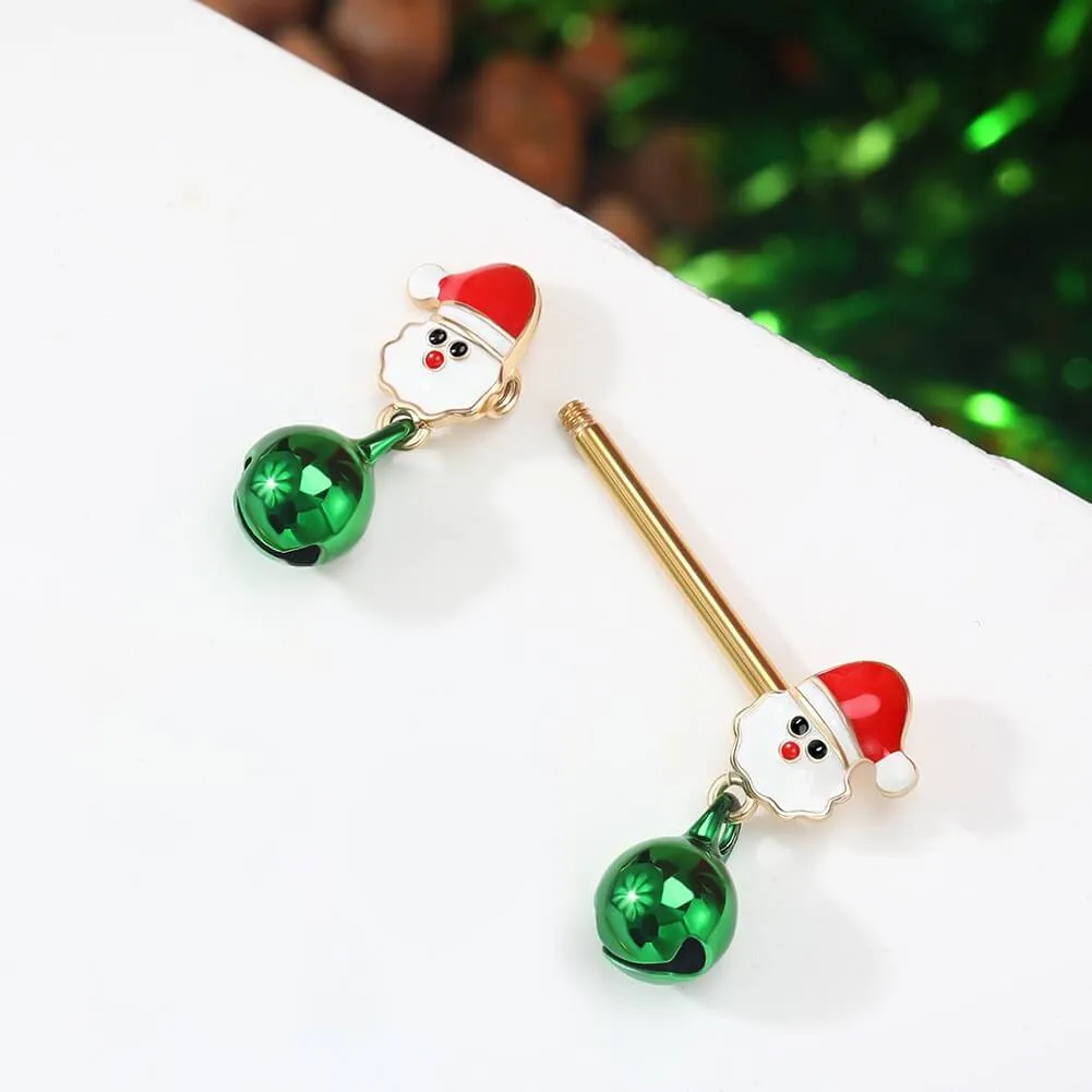 14G Santa Charm & Dangle Bell Nipple Barbell Set