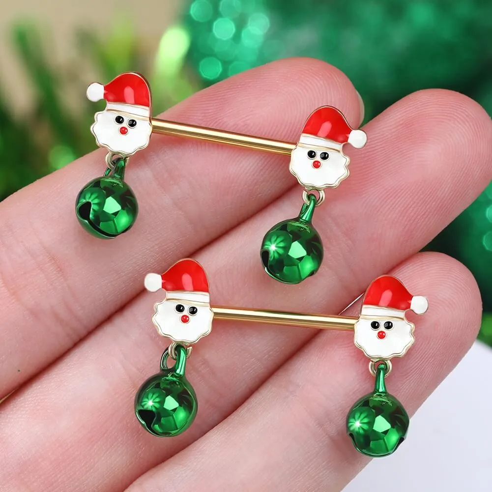 14G Santa Charm & Dangle Bell Nipple Barbell Set