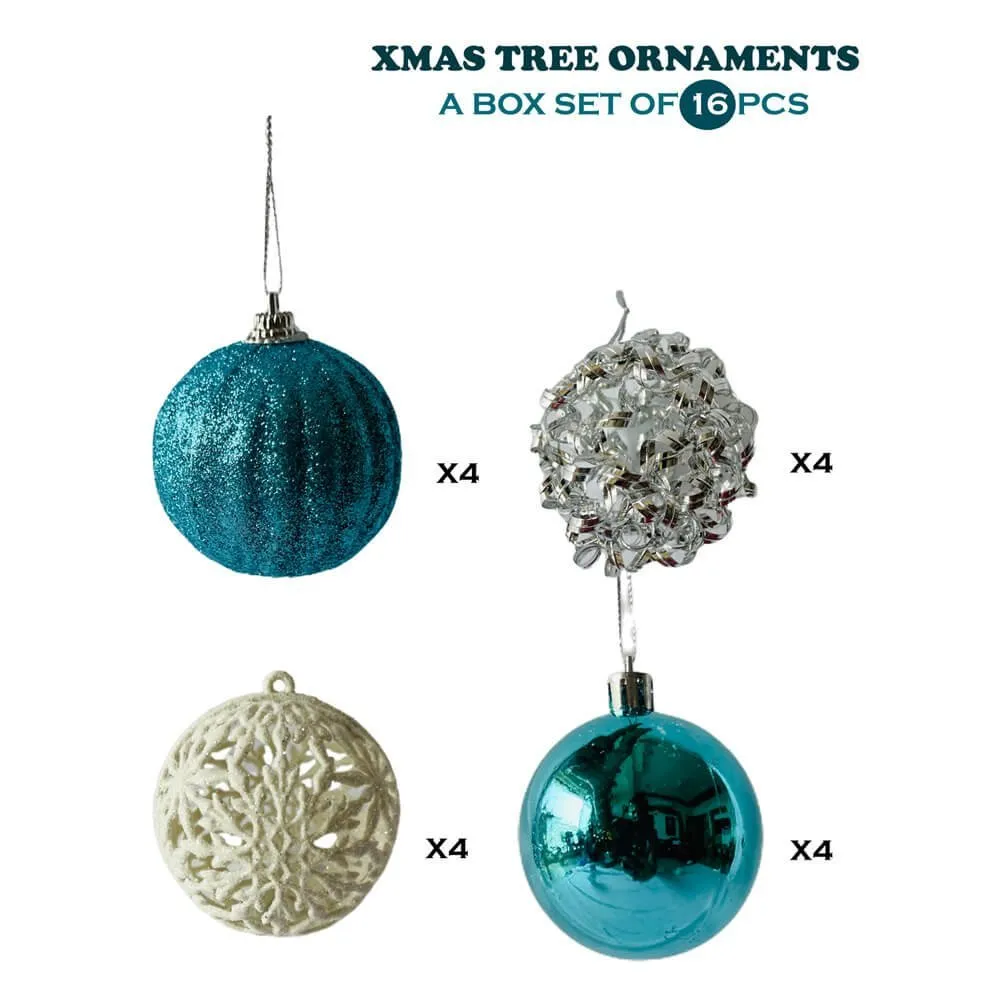 16 pcs, Blue, White & Silver Colour Hanging Christmas Tree Ornaments