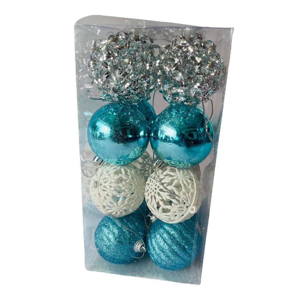 16 pcs, Blue, White & Silver Colour Hanging Christmas Tree Ornaments