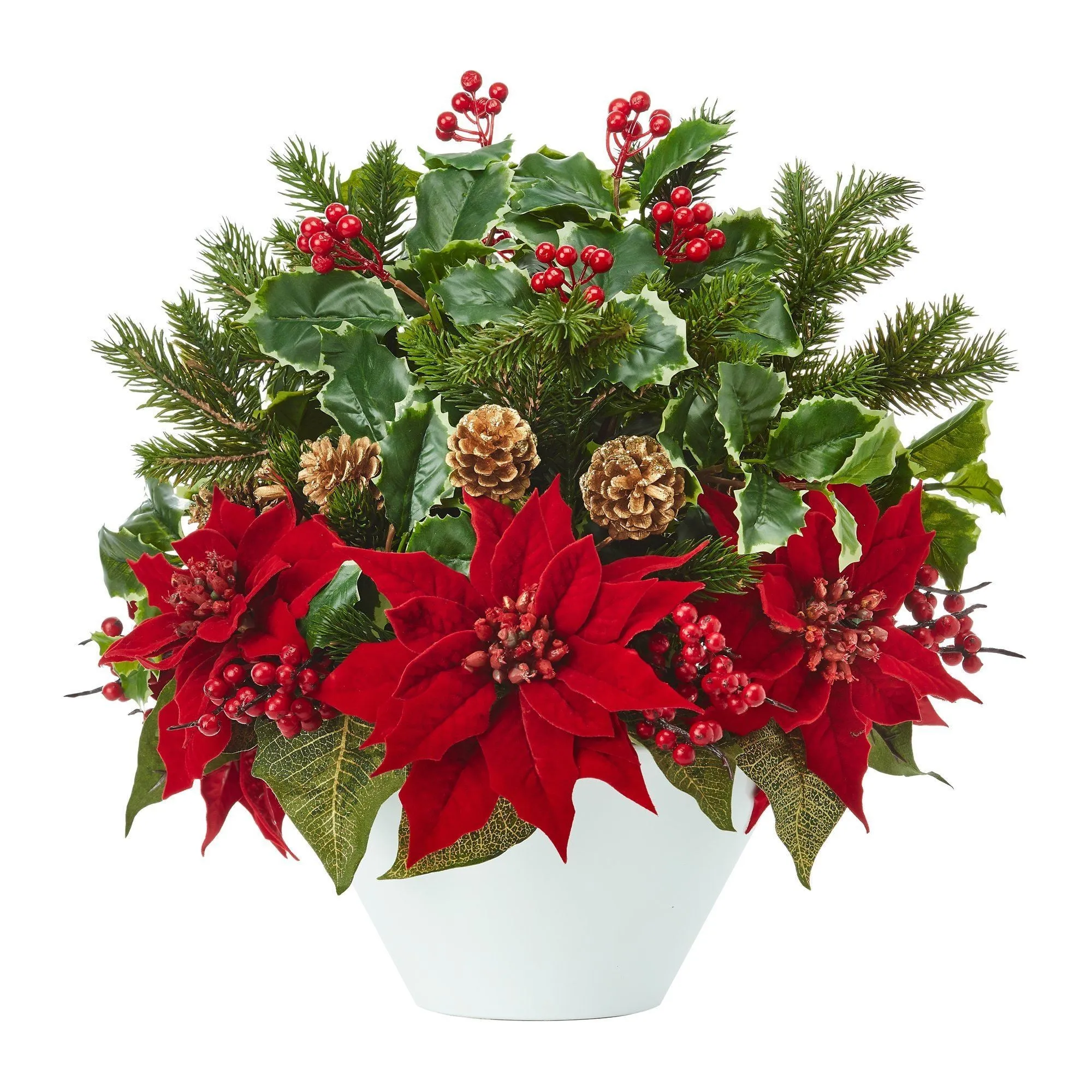 18” Poinsettia, Holly Leaf and Pine Artificial Arrangement in White Vase