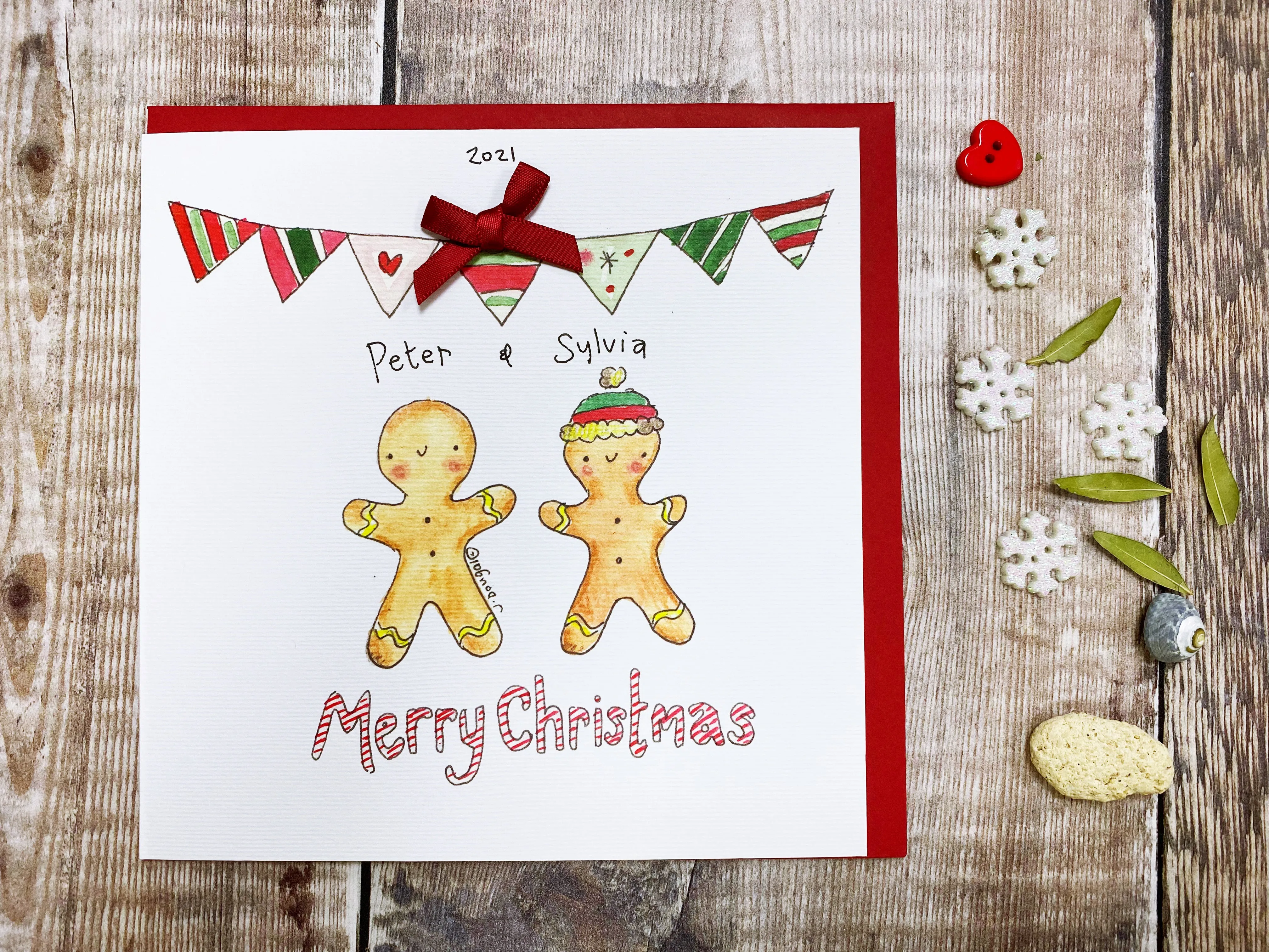 2 Gingerbread Christmas Card - Personalised