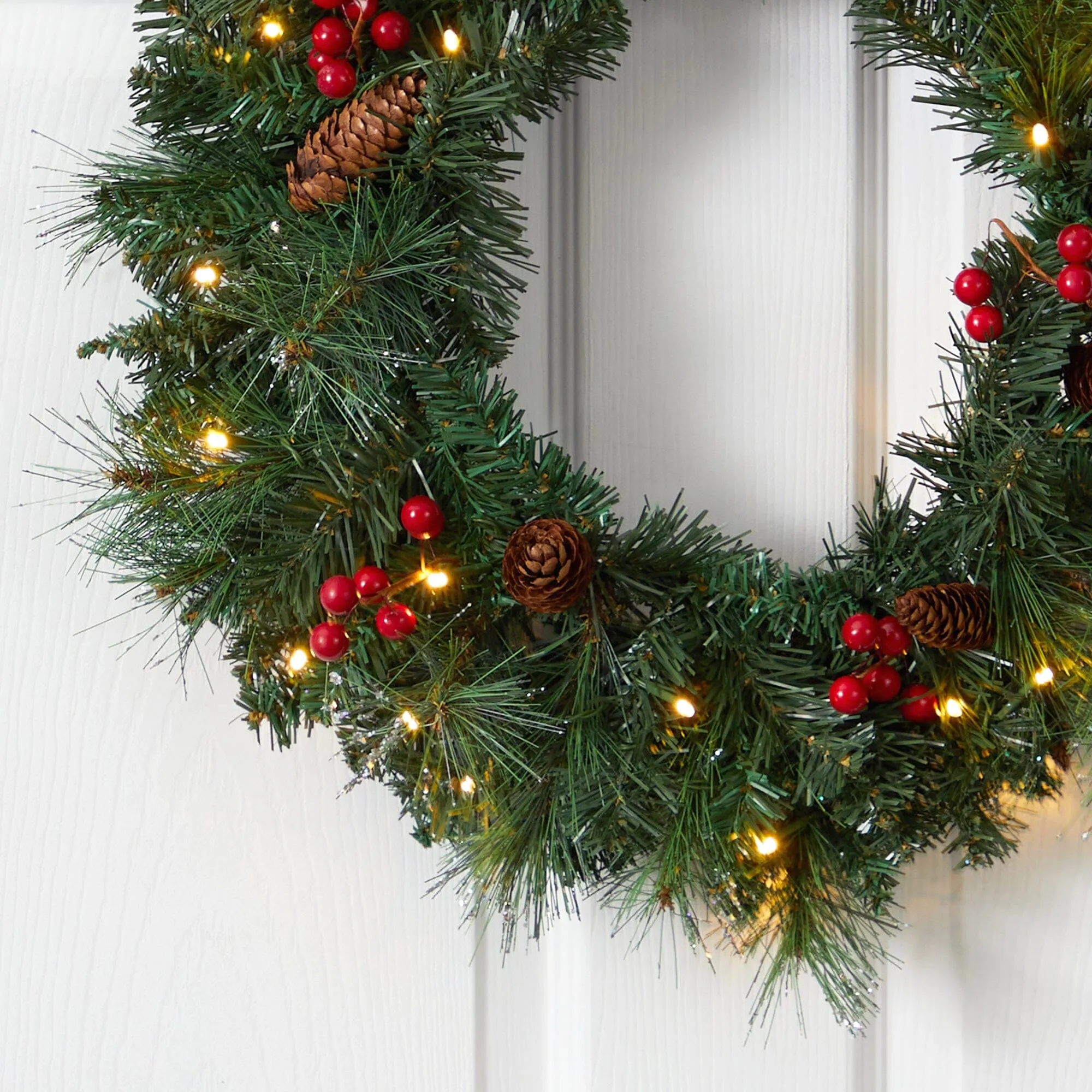 20” Frosted Pine Artificial Christmas Wreath with Pinecones, Berries and 35 Warm White LED Lights