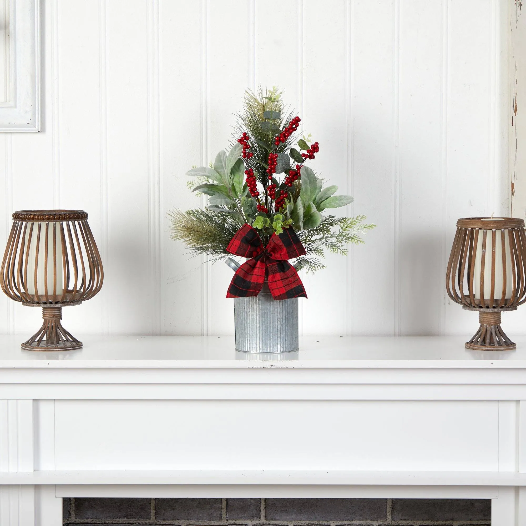 20" Holiday Winter Greenery, Pinecone and Berries with Buffalo Plaid Bow Christmas  Arrangement"