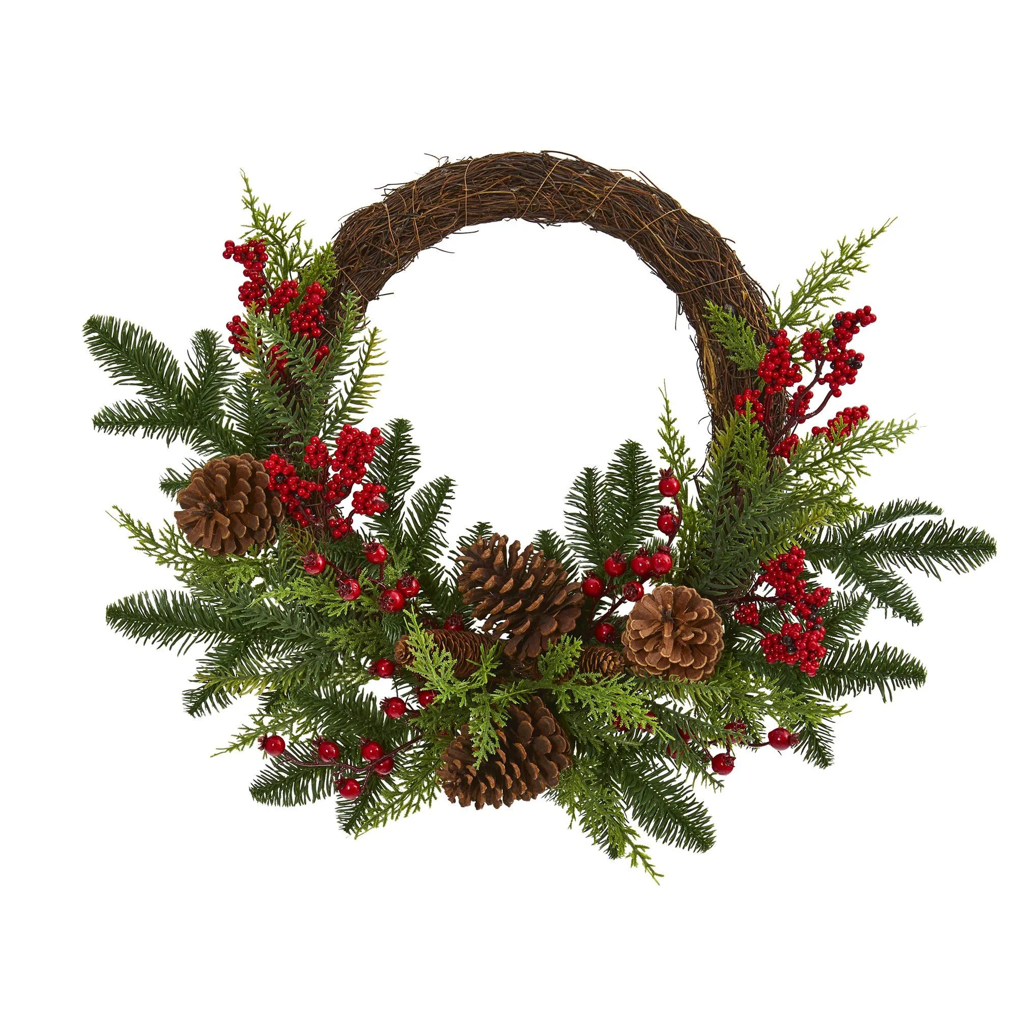 22” Mixed Pine and Cedar with Berries and Pine Cones Artificial Wreath