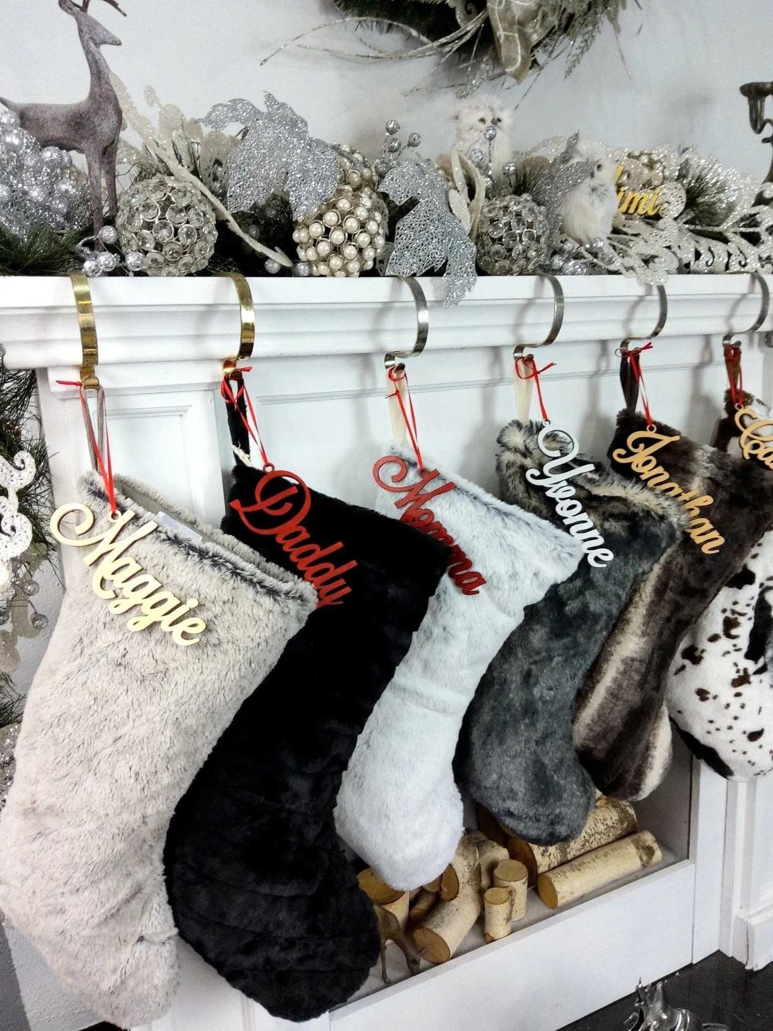 22" Faux Fur Christmas Stockings | Personalized Monogram Fur Boot Xmas Stocking Luxe Decor Mink Black Silver Grey Brown