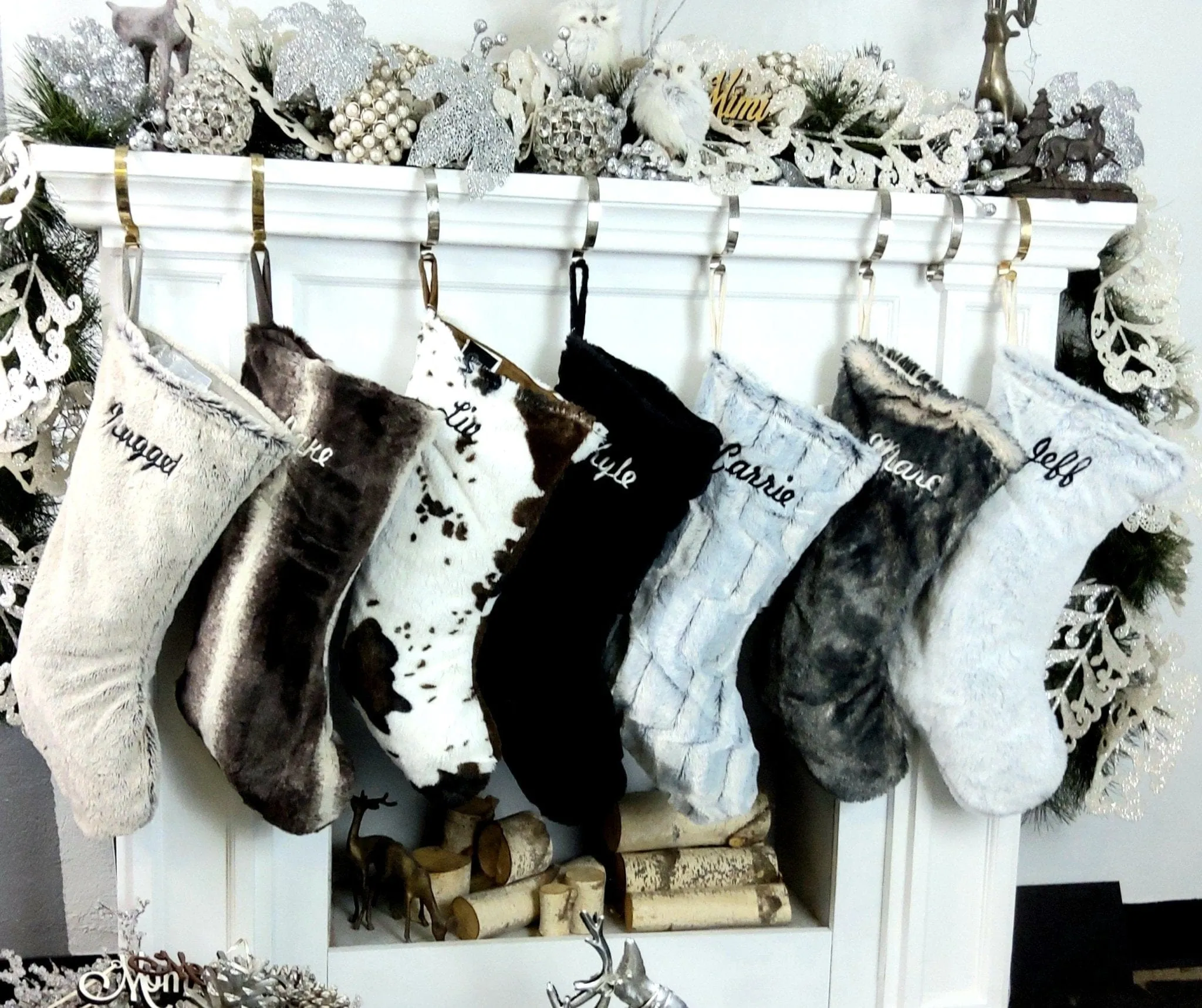 22" Faux Fur Christmas Stockings | Personalized Monogram Fur Boot Xmas Stocking Luxe Decor Mink Black Silver Grey Brown