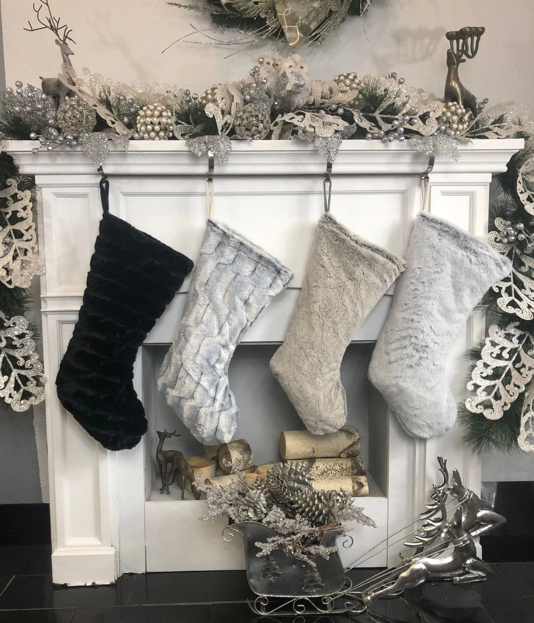 22" Faux Fur Christmas Stockings | Personalized Monogram Fur Boot Xmas Stocking Luxe Decor Mink Black Silver Grey Brown