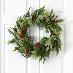 24” Cedar, Eucalyptus and Berries Artificial Christmas Wreath