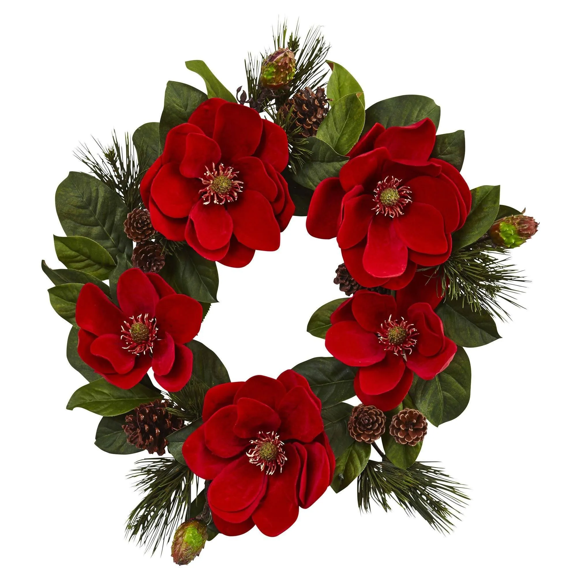 24” Red Magnolia & Pine Wreath