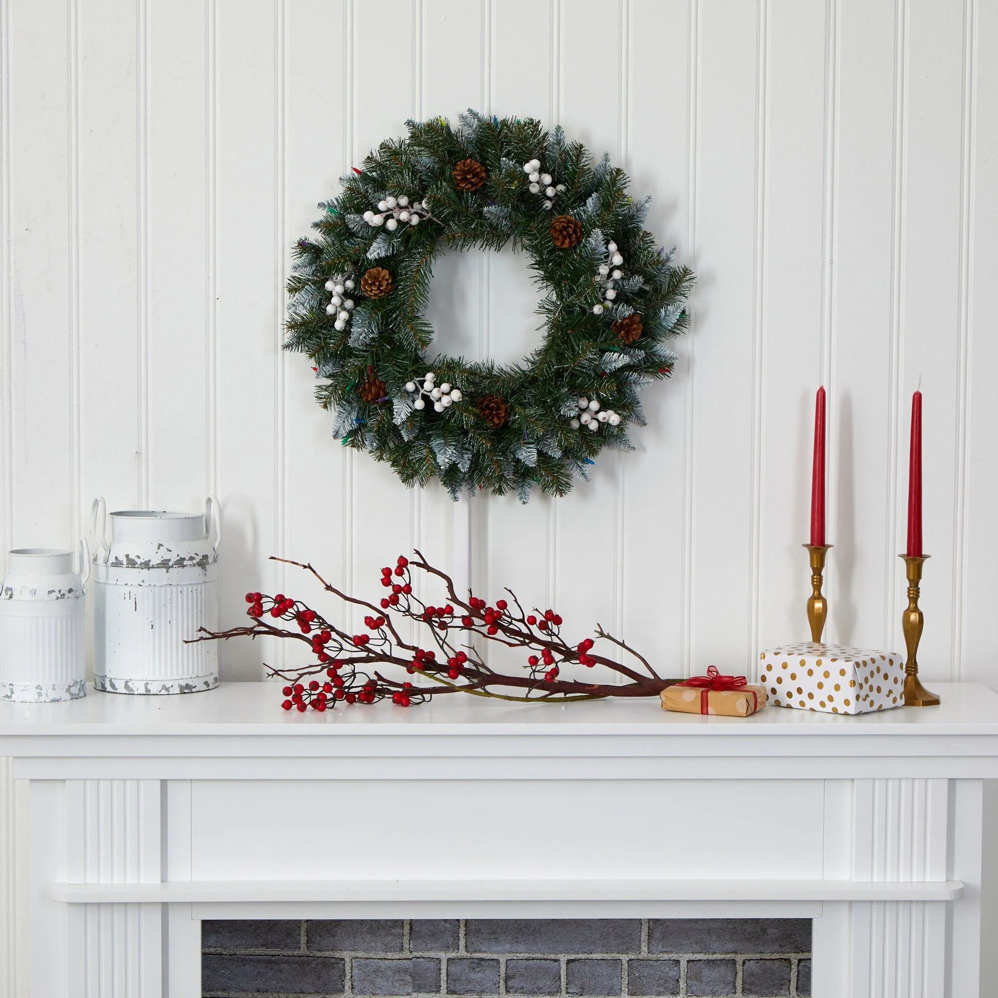 24” Snow Tipped Artificial Christmas Wreath with 50 Multicolored LED Lights, White Berries and Pine Cones