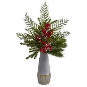 24" Artificial Mixed Pine, Pinecone and Berry Arrangement in Stoneware Vase - Low Maintenance, Life-Like & Vibrant Plants Flowers For Busy People.