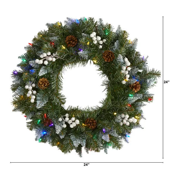 24" Snow Tipped Artificial Christmas Wreath with 50 Multicolored LED Lights