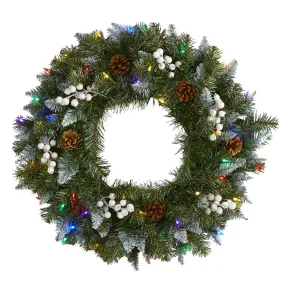 24" Snow Tipped Artificial Christmas Wreath with 50 Multicolored LED Lights