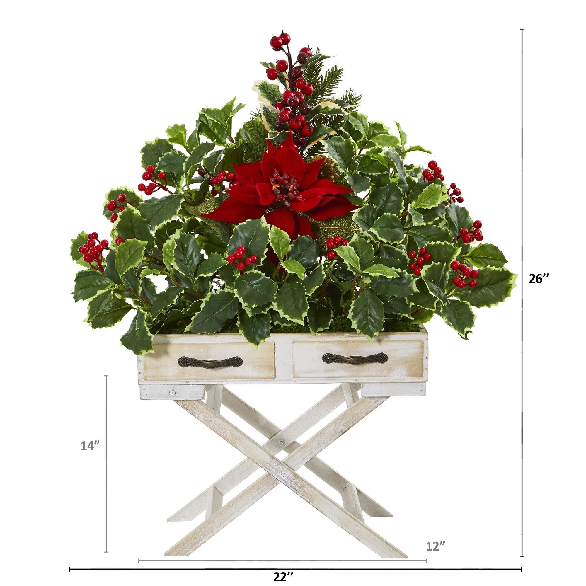 26” Poinsettia and Holly Berry Artificial Arrangement in Drawer Planter