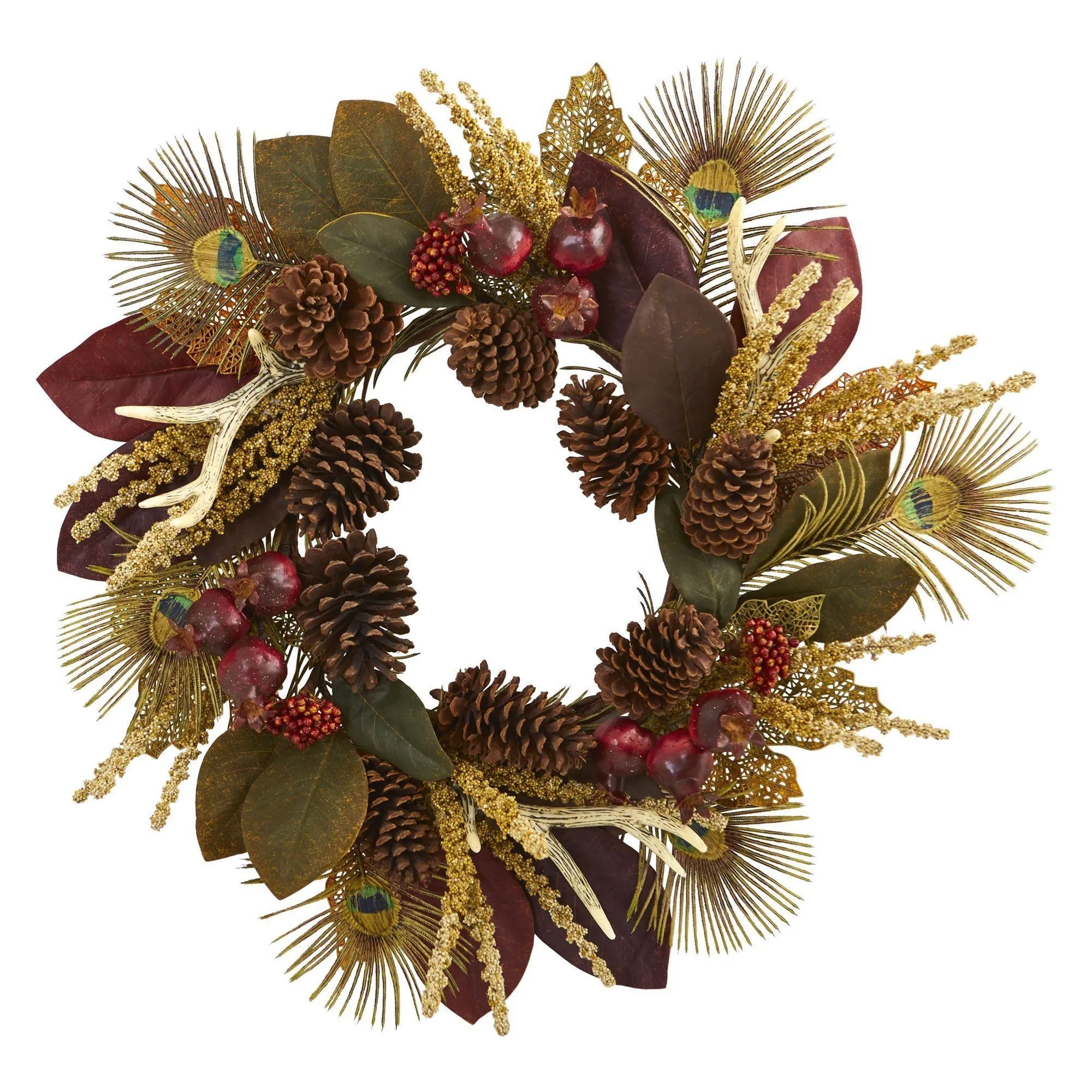 27” Magnolia Leaf, Berry, Antler and Peacock Artificial Wreath