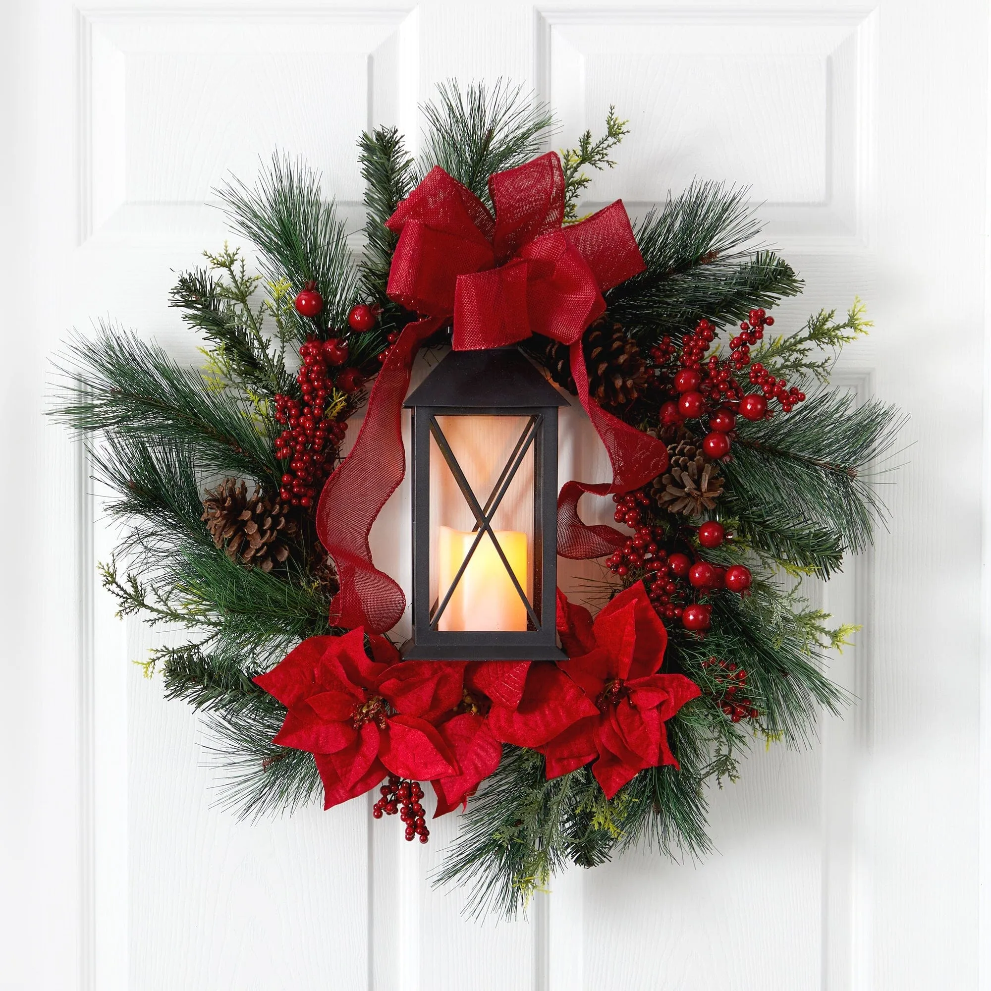 28” Poinsettia and Berry Holiday Lantern Christmas Wreath with LED Candle