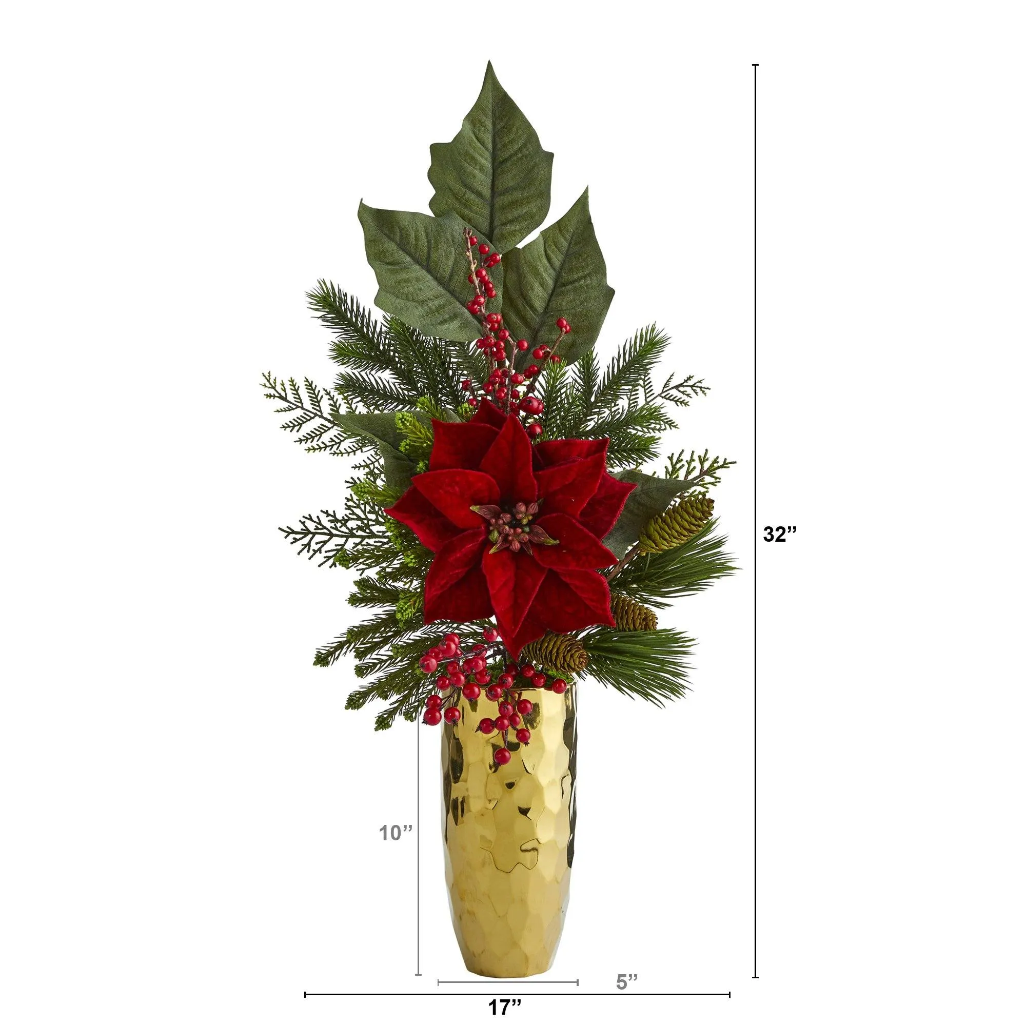 32” Poinsettia, Berries, Pine and Pinecone Artificial Arrangement in Gold Vase