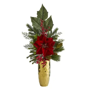 32" Artificial Poinsettia, Berries, Pine & Pinecone Arrangement in Gold Vase - Low Maintenance, Life-Like & Vibrant Silk Flowers For Busy People.