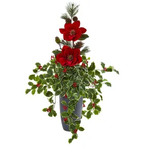 3.5’ Magnolia, Pine and Variegated Holly Leaf Artificial Arrangement