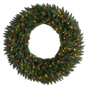 4’ Large Flocked Wreath with Pinecones, Berries, 150 Clear LED Lights and 400 Bendable Branches