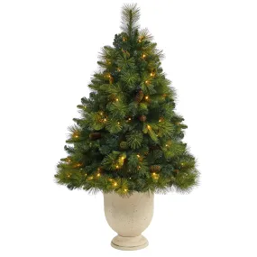 4.5’ North Carolina Mixed Pine Artificial Christmas Tree with 130 Warm White LED Lights, 459 Bendable Branches and Pinecones in Decorative Urn