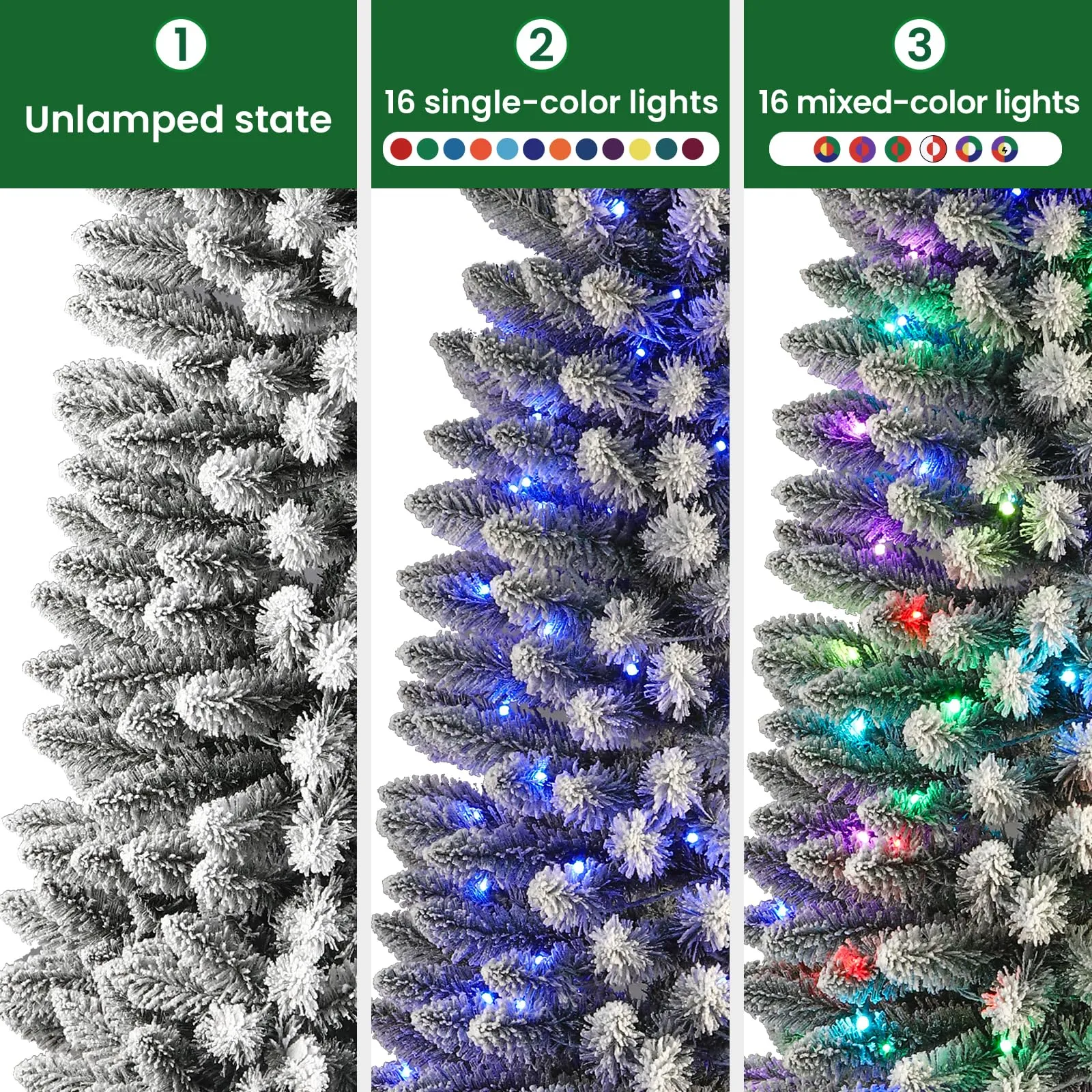 4ft Prelit Multi-Color RGB Lights Snow Flocked Artificial Hinged Slim Pencil Christmas Tree with Remote Control