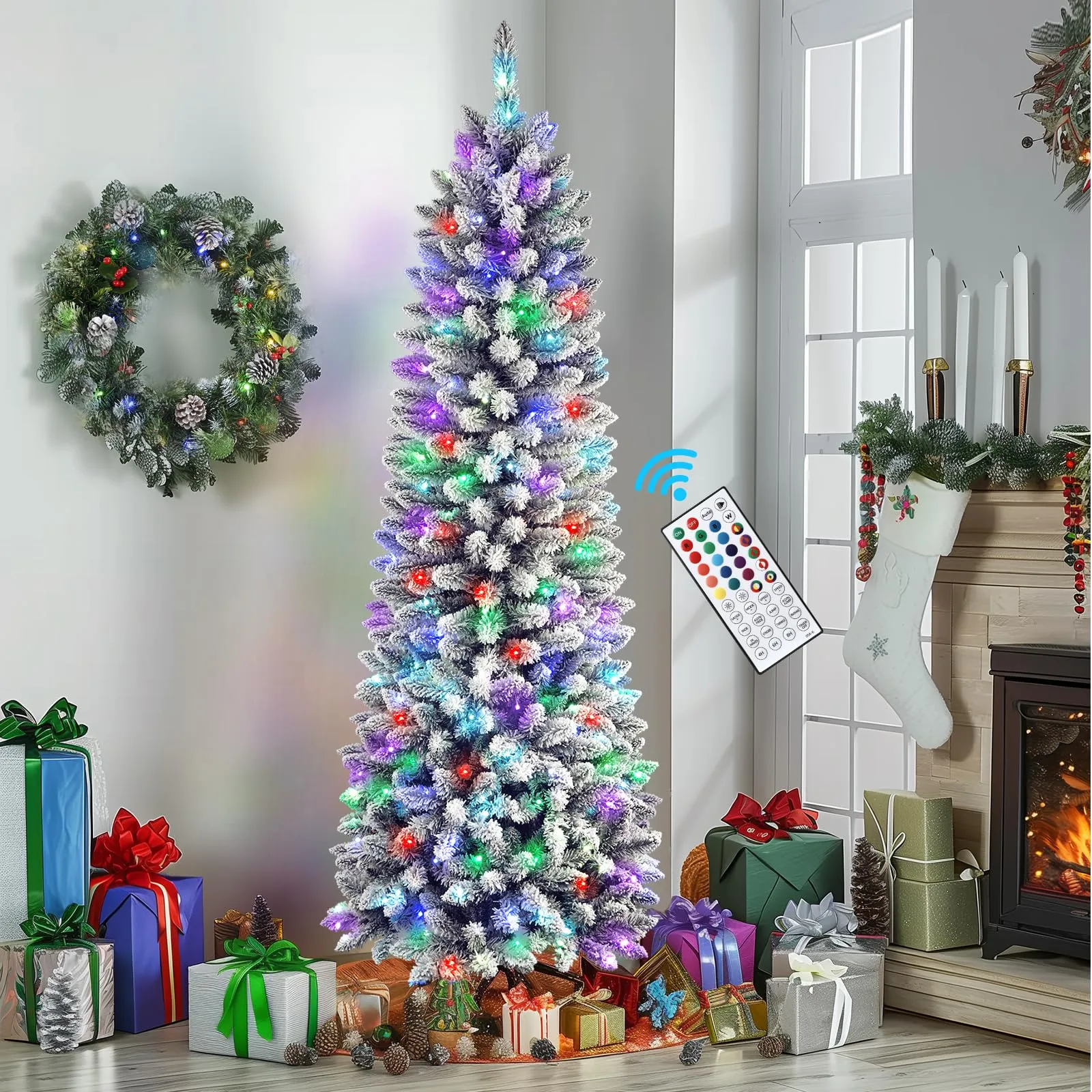 4ft Prelit Multi-Color RGB Lights Snow Flocked Artificial Hinged Slim Pencil Christmas Tree with Remote Control