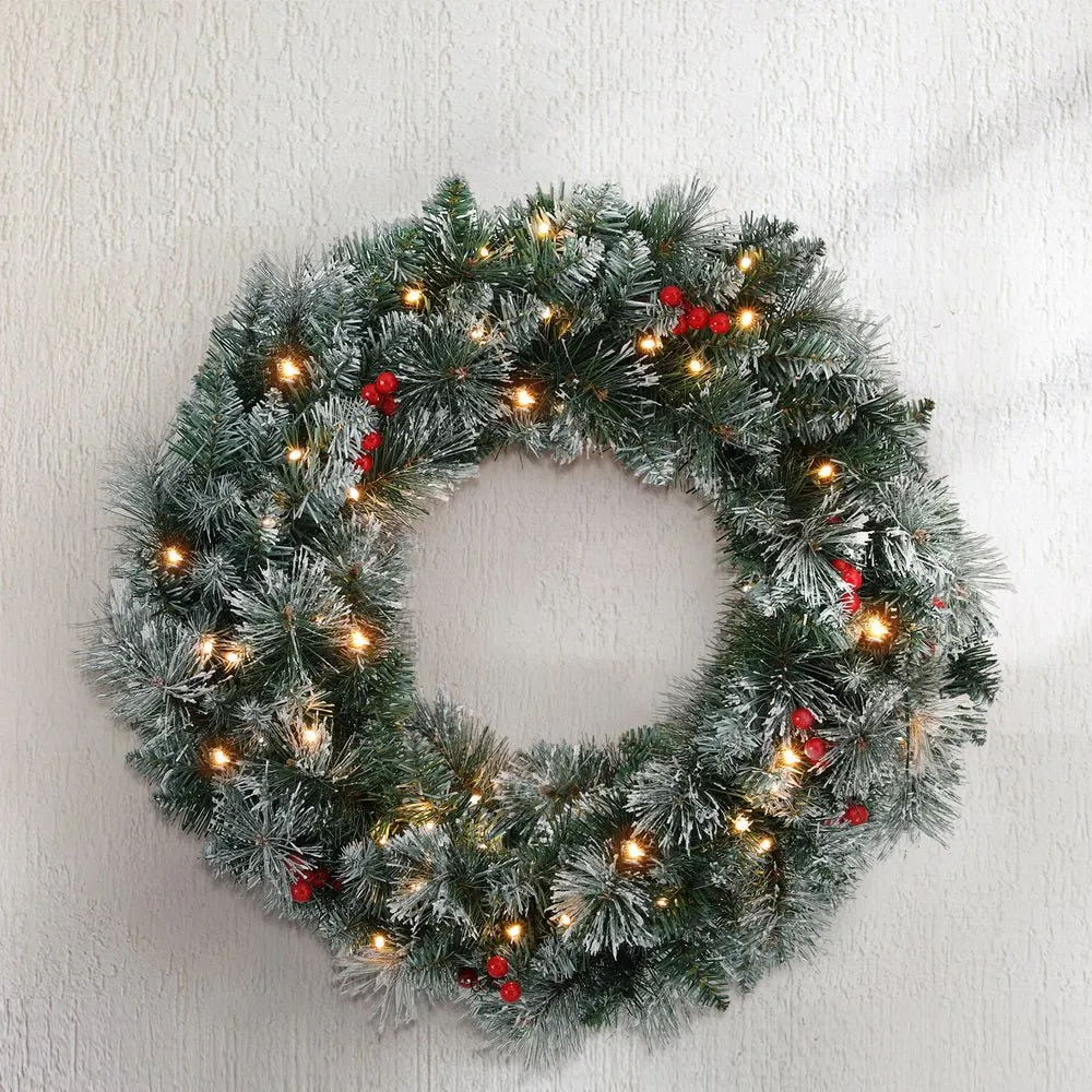 60cm Christmas Wreath LED Lights Snowy Flowers Garland Party Decor