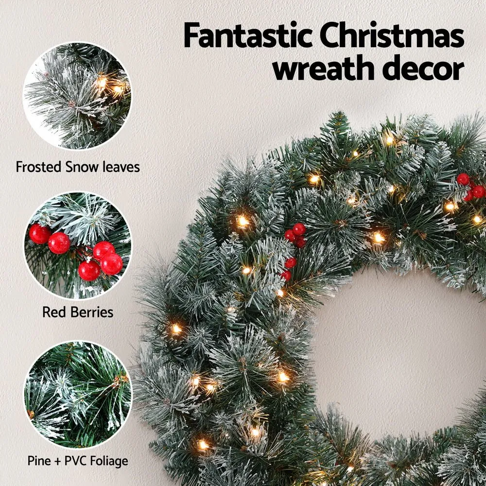 60cm Christmas Wreath LED Lights Snowy Flowers Garland Party Decor