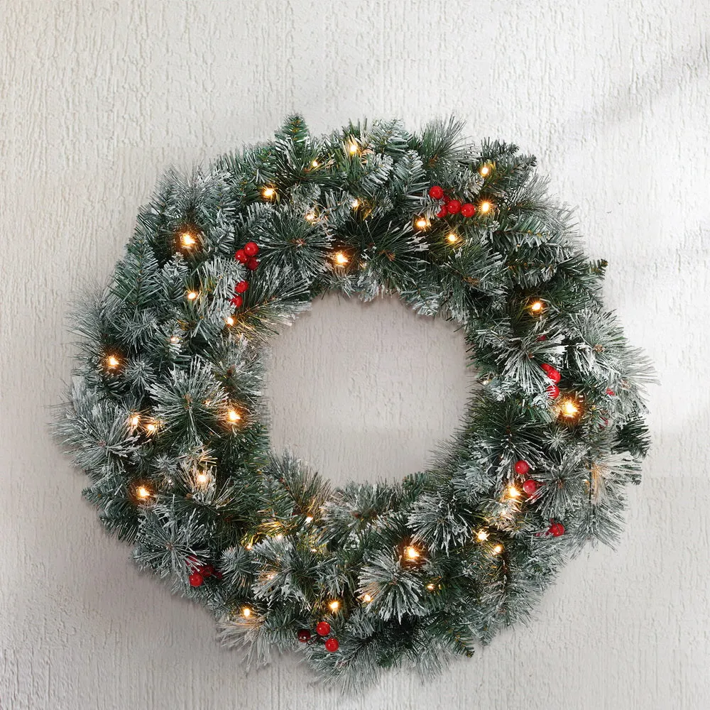 60cm Snowy LED Christmas Wreath with Berries & Pine Needles