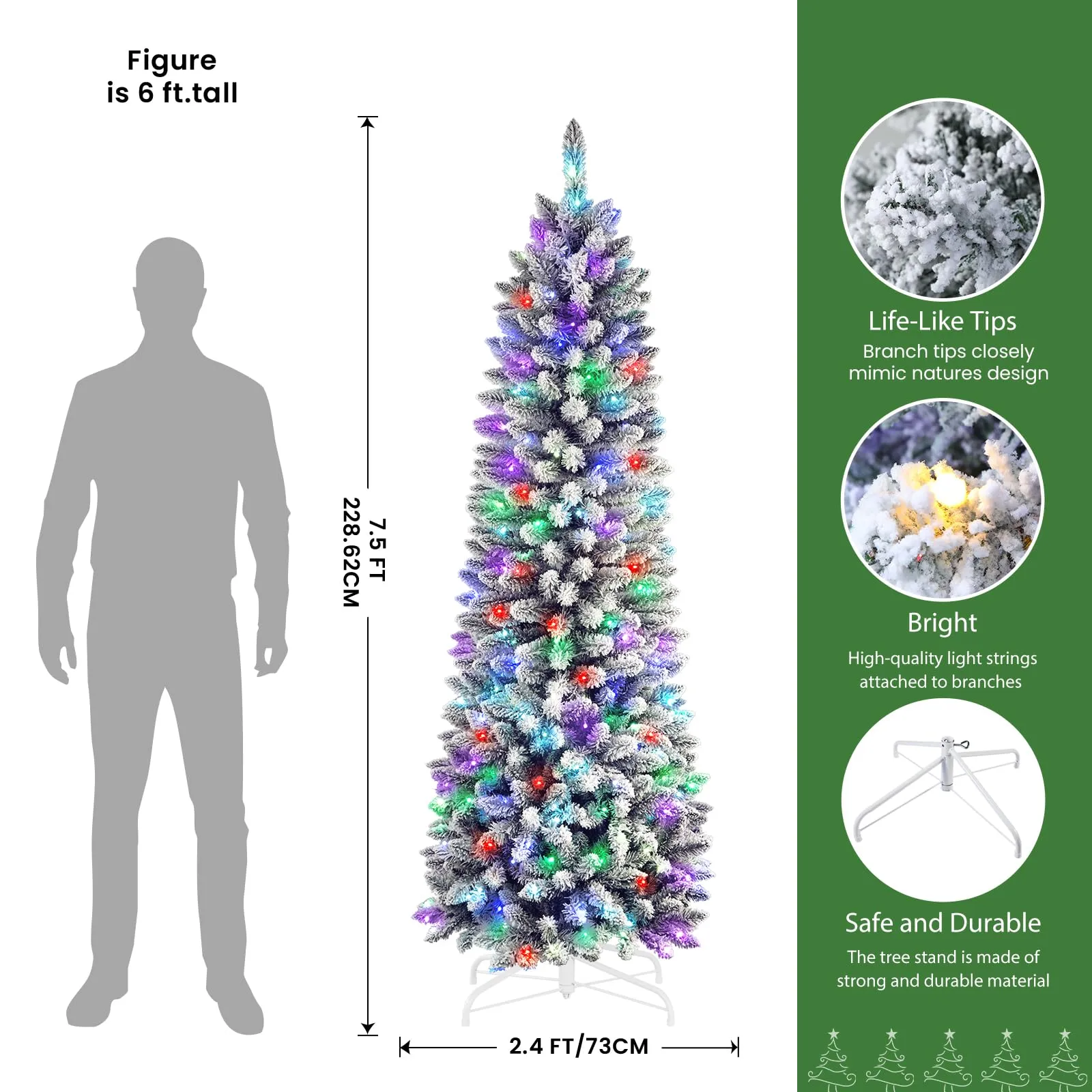 7.5ft Prelit Multi-Color RGB Lights Snow Flocked Artificial Hinged Slim Pencil Christmas Tree with Remote Control