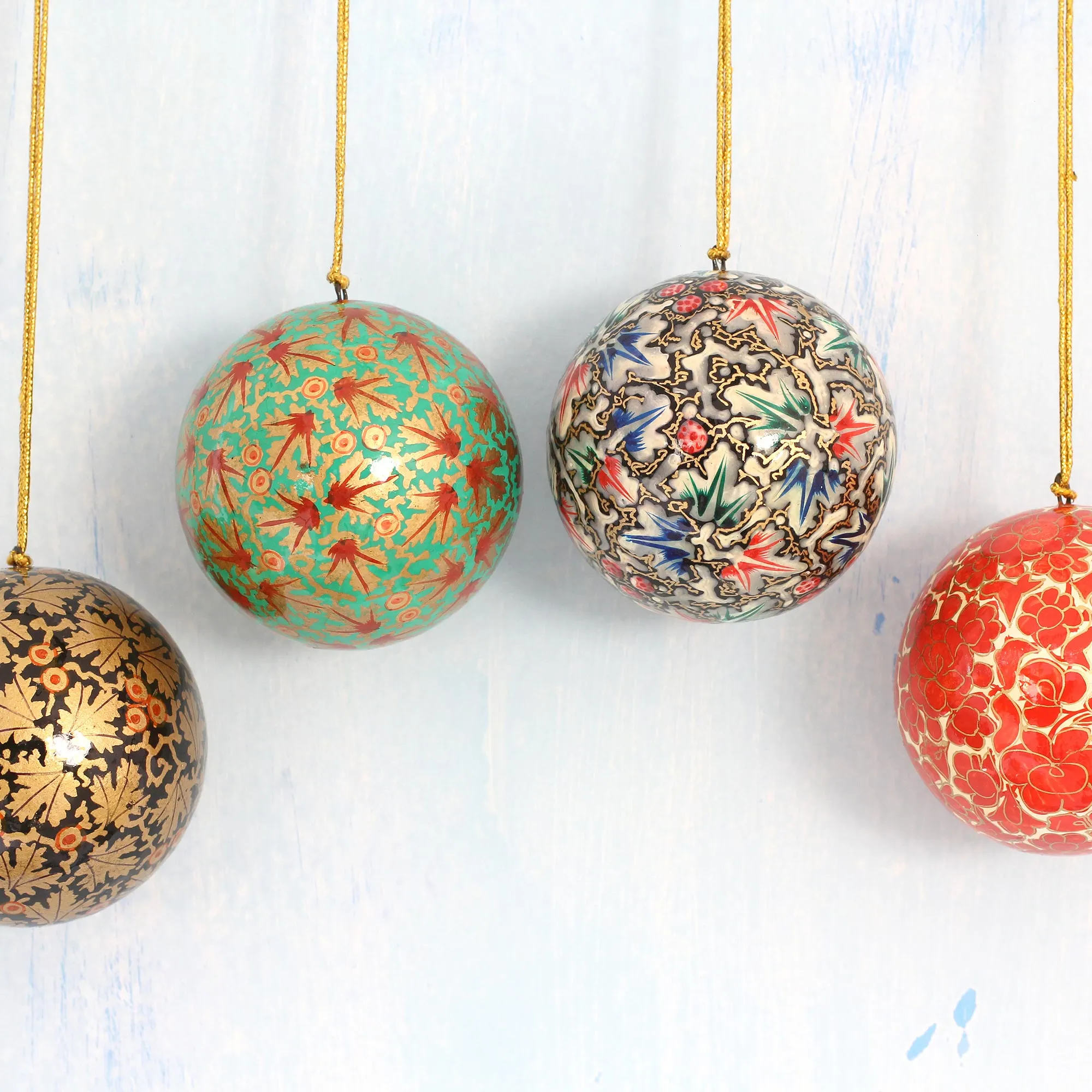 Alluring Baubles Set of Four Round Colorful Papier Mache Ornaments from India