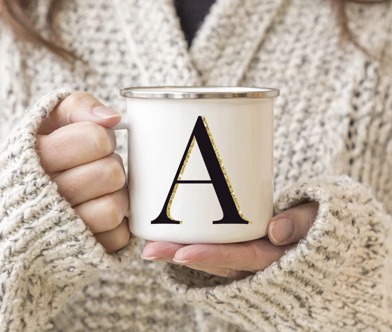 Andaz Press 11oz Black Faux Gold Glitter Monogram Campfire Coffee Mug