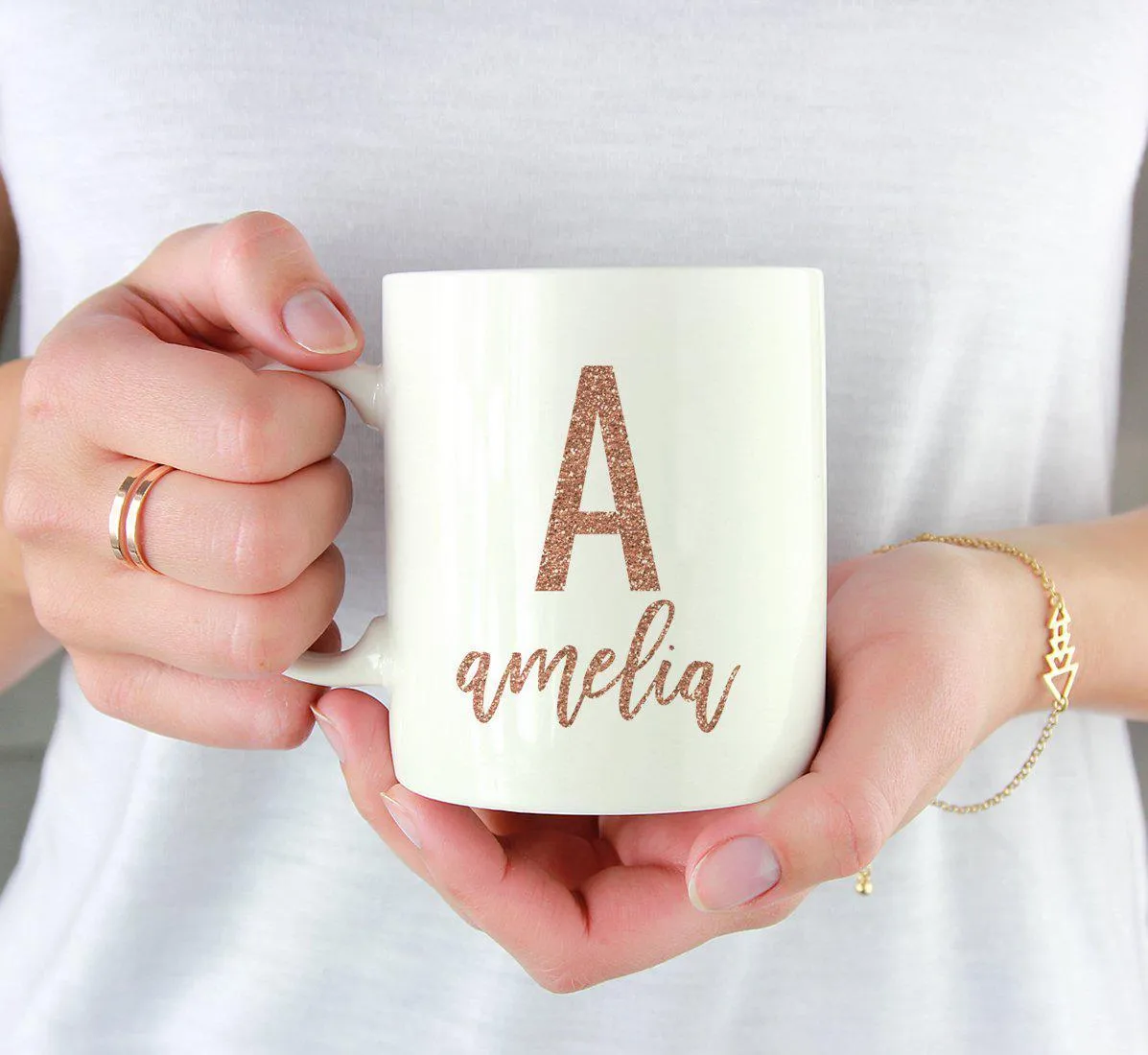 Andaz Press 11oz Personalized Rose Gold Faux Glitter Monogram Coffee Mug