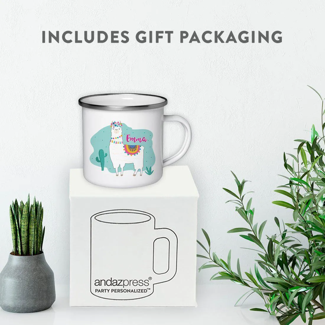 Andaz Press Personalized 11oz Llama and Cactus Baby Shower Party Campfire Metal Coffee Mug