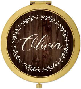 Andaz Press Personalized Rustic Wood with Laurels Monogram Gold Compact Mirror