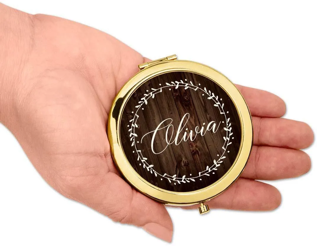 Andaz Press Personalized Rustic Wood with Laurels Monogram Gold Compact Mirror