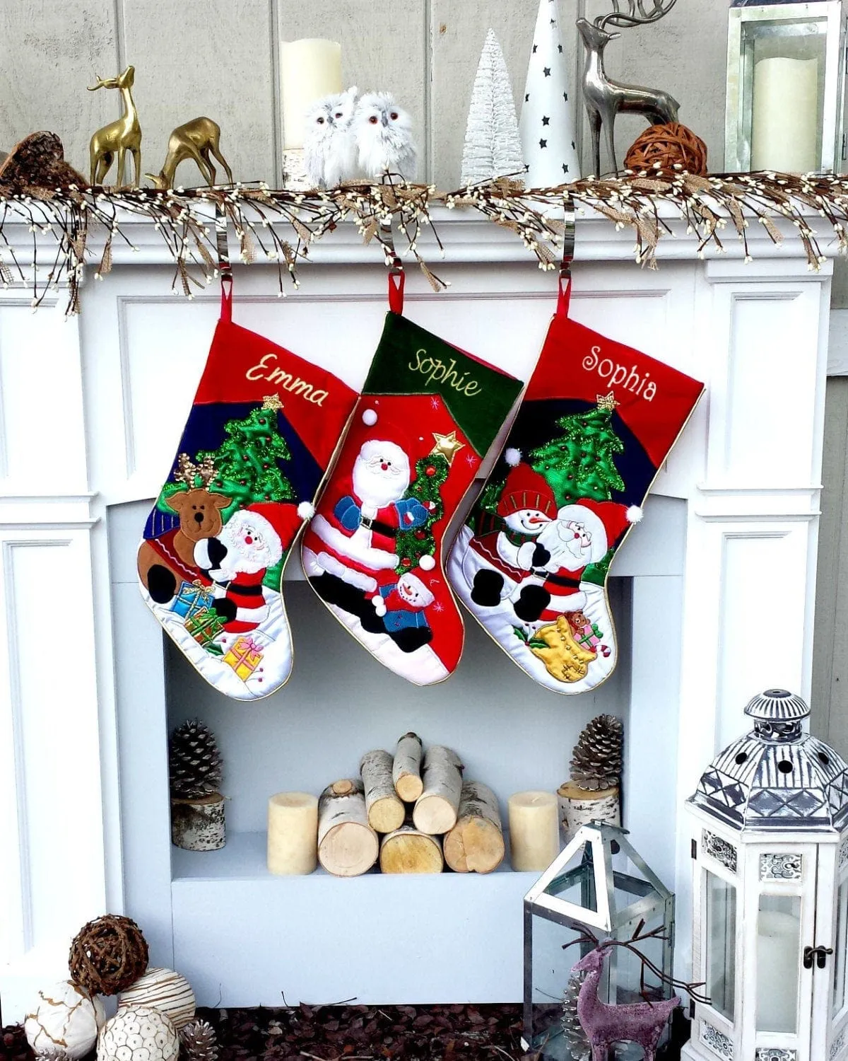 Applique Santa and Friends Christmas Stockings Embroidered with Names or Personalized Monogram for Kids and Adults