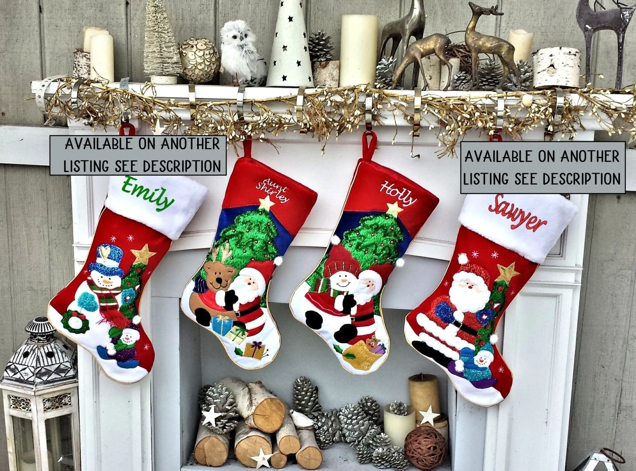 Applique Santa and Friends Christmas Stockings Embroidered with Names or Personalized Monogram for Kids and Adults