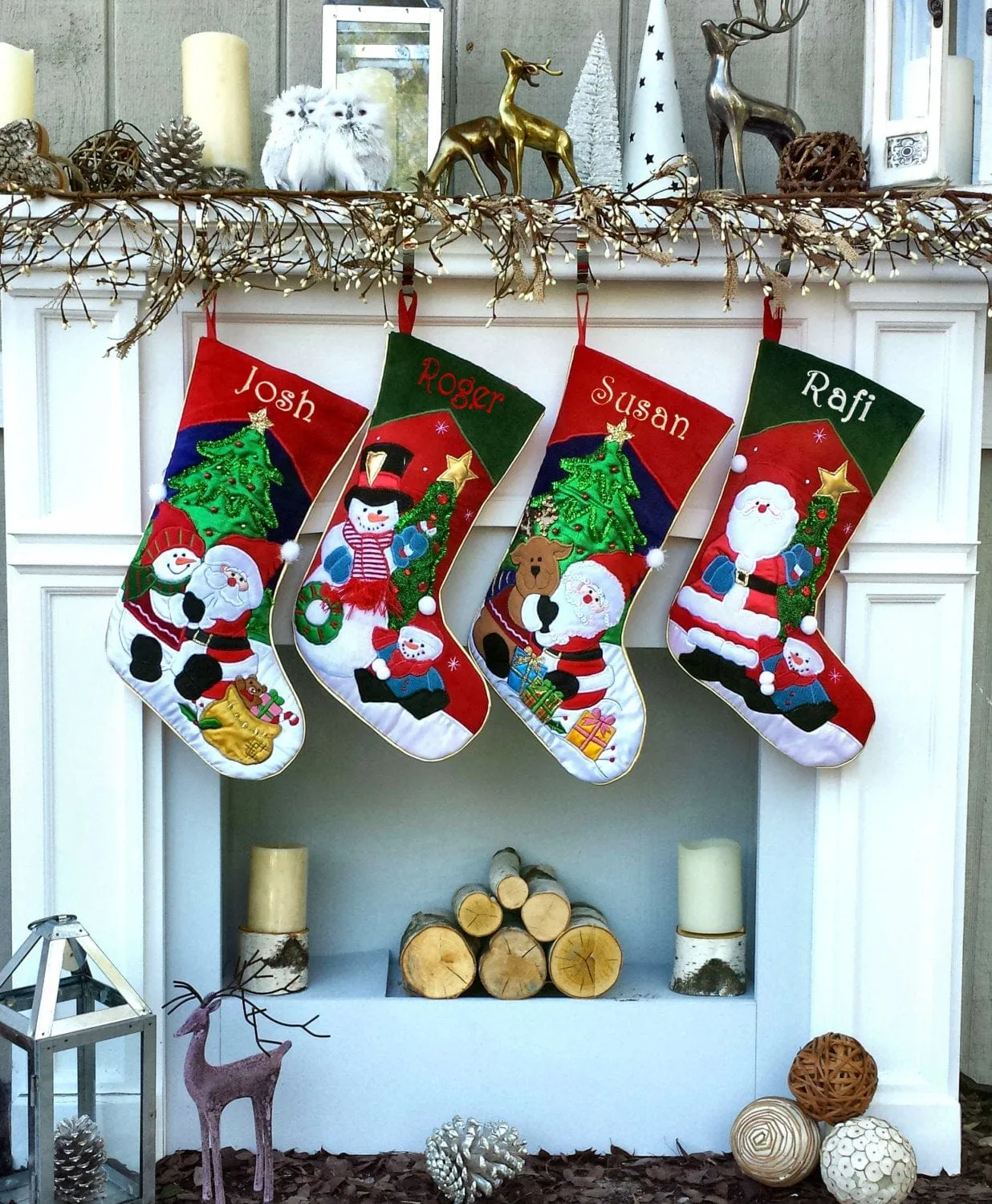 Applique Santa and Friends Christmas Stockings Embroidered with Names or Personalized Monogram for Kids and Adults