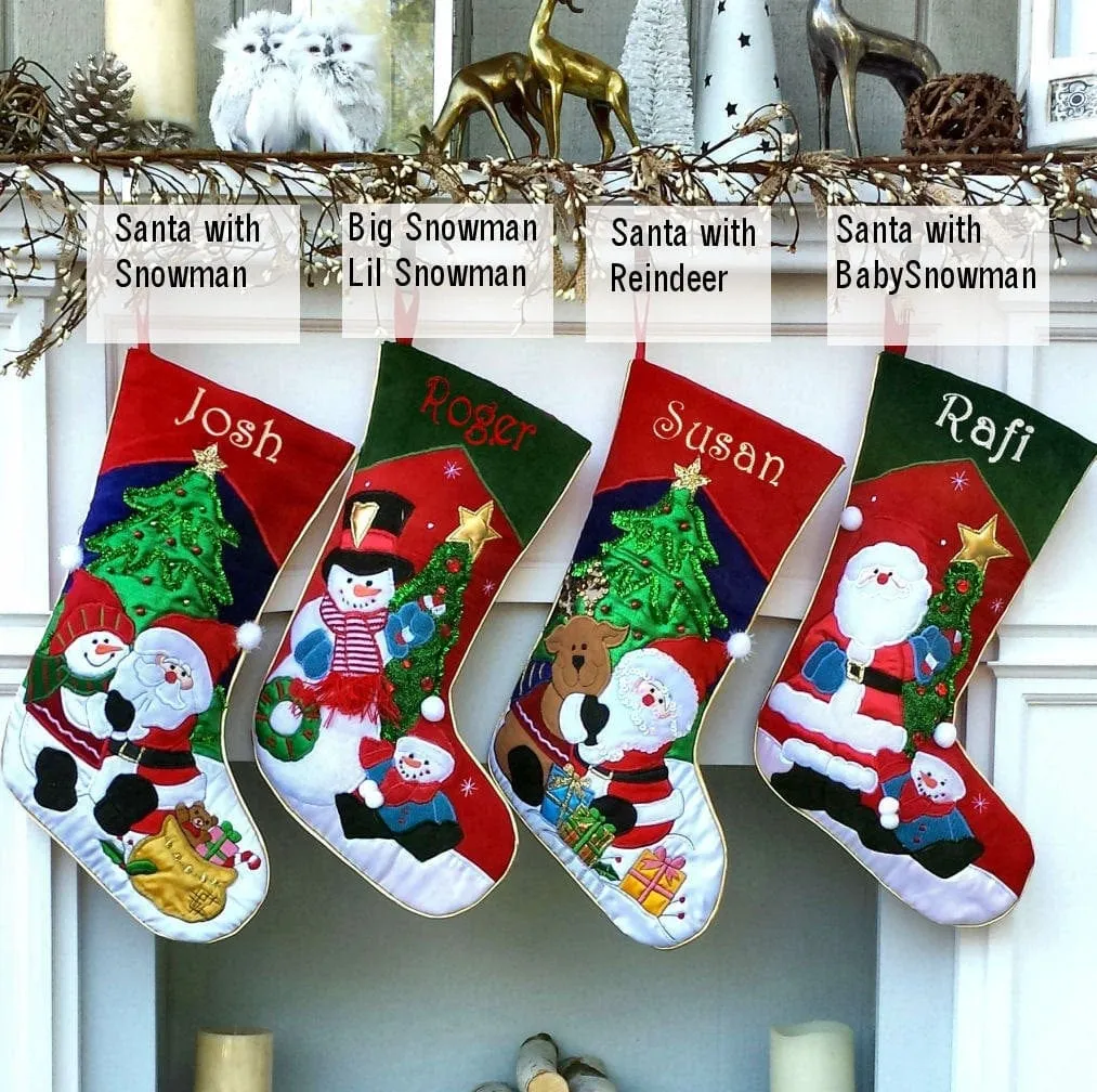 Applique Santa and Friends Christmas Stockings Embroidered with Names or Personalized Monogram for Kids and Adults